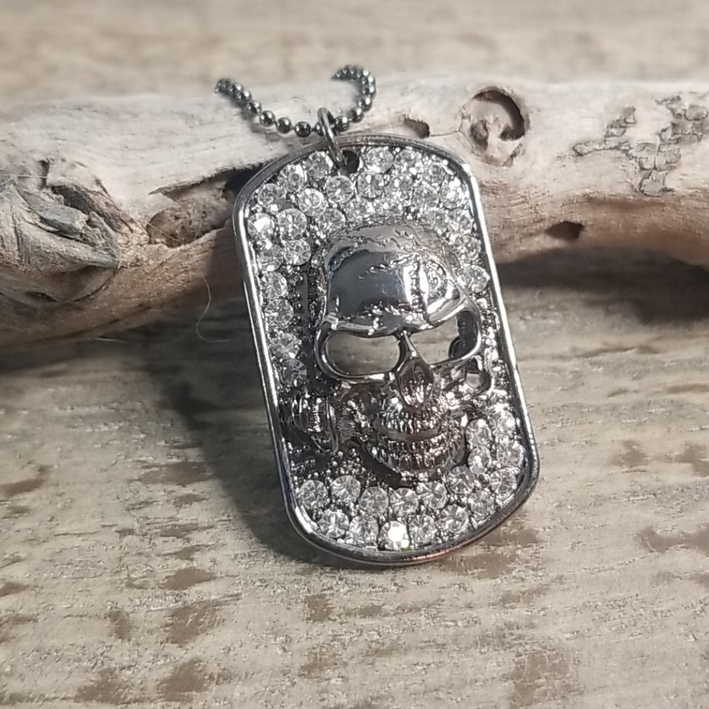 Rhinestone Skull dogtag necklace